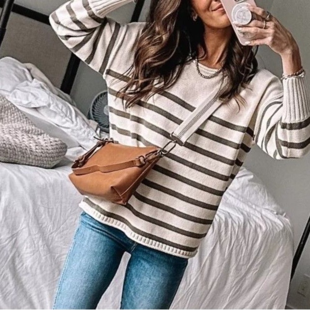 Madewell cream body sweater with sage green stripes; Conway
